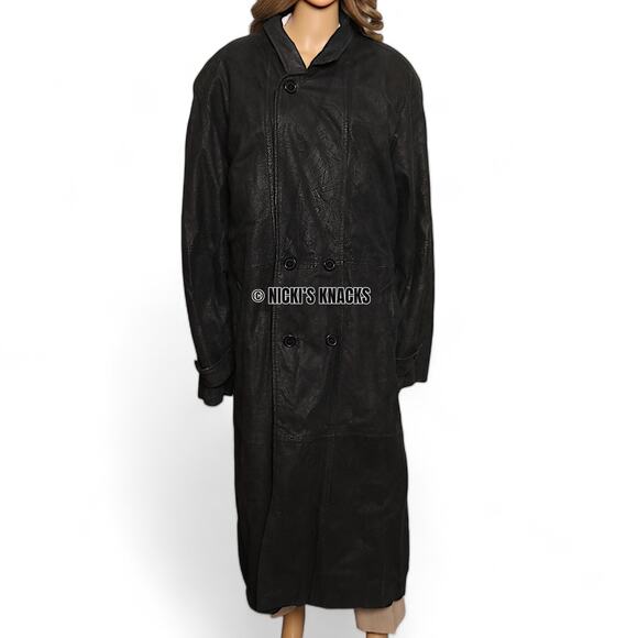 Vintage Pelle Cuir Black Embossed 100% Leather Trench Coat Shoulder Pads Size L - Picture 3 of 16